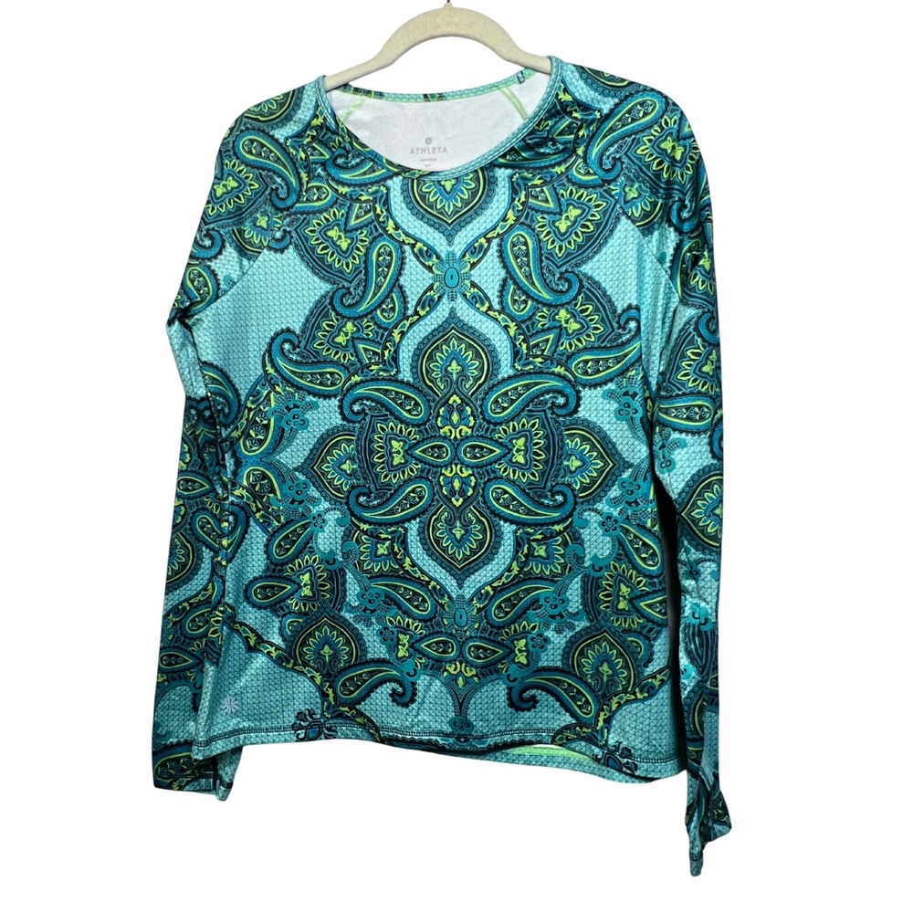 Athleta Teal Paisley-Print Long Sleeve Performance Top